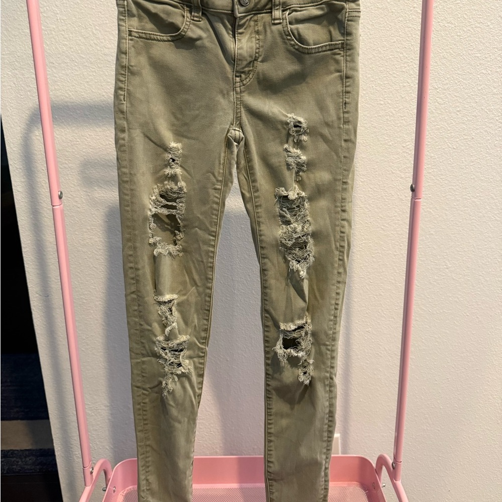 American Eagle Outfitters Army Green Skinny Jeans Distressed